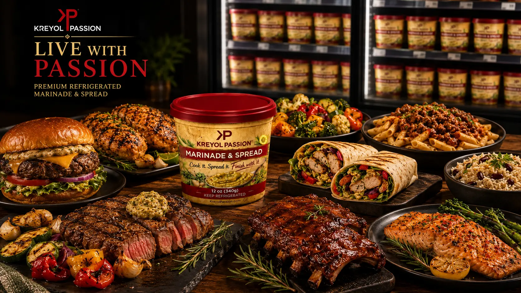 KP Marinade surrounded by burgers, chicken, wraps, pasta, rice, ribs and salmon