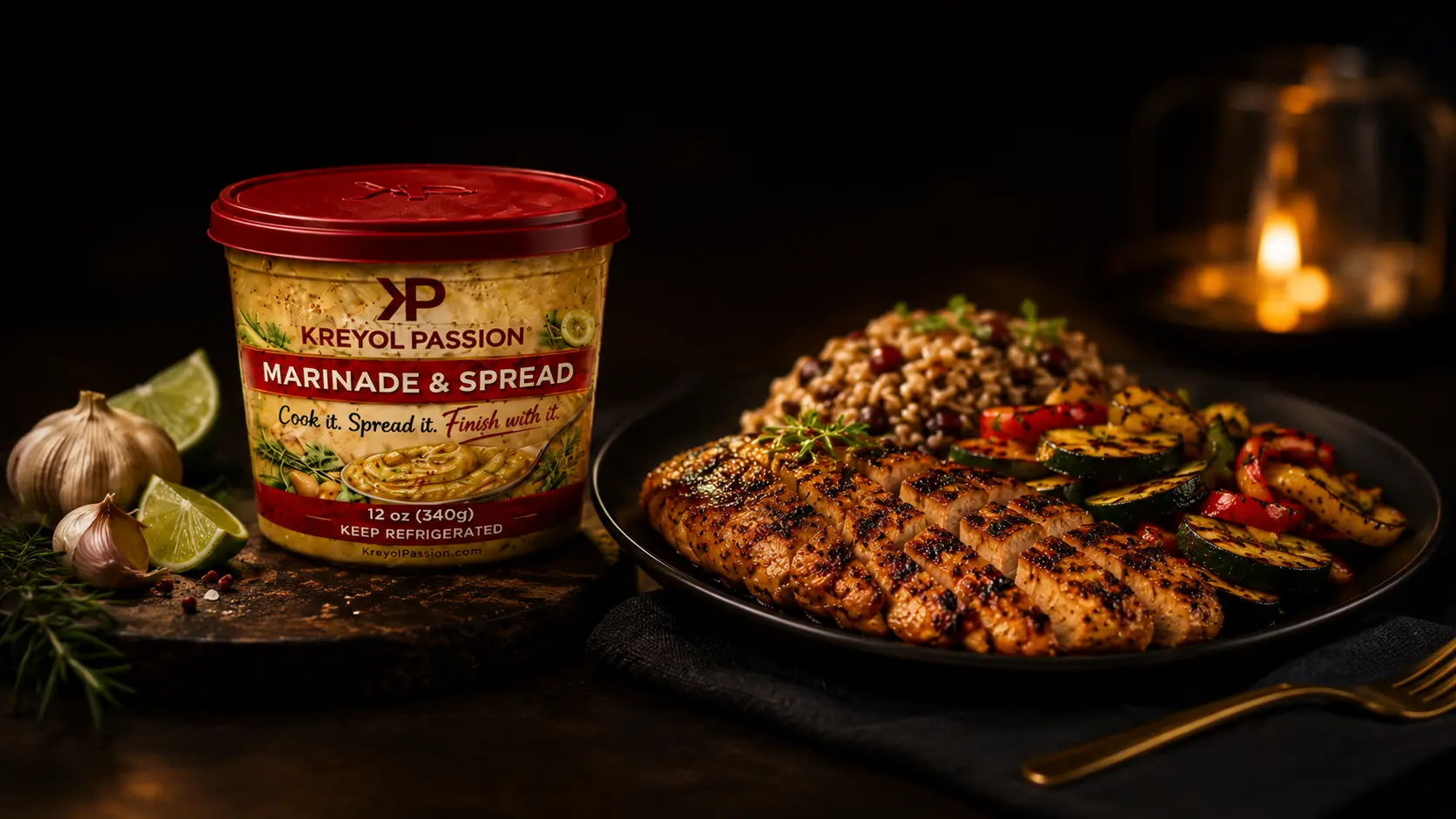 KP Marinade with grilled chicken, rice and vegetables