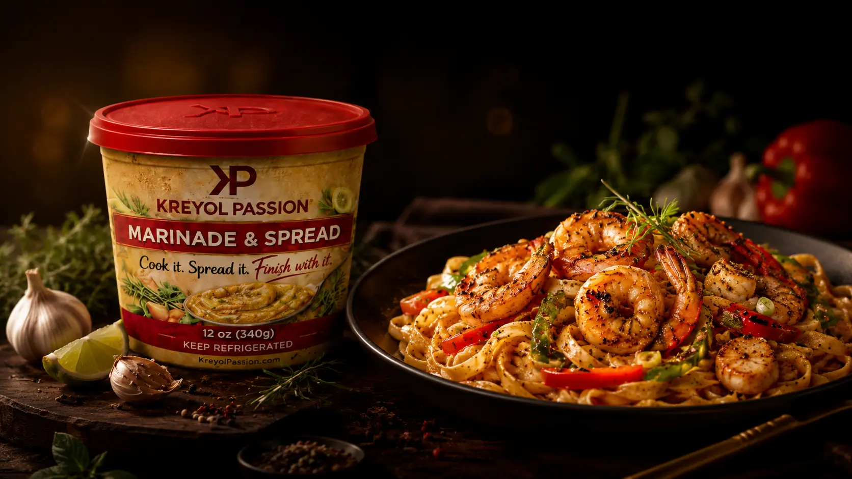 KP Marinade beside a shrimp pasta meal