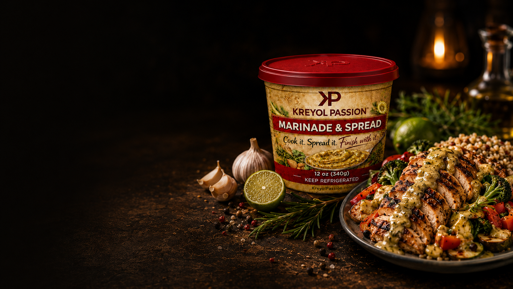 Kreyol Passion Marinade and Spread with prepared meal
