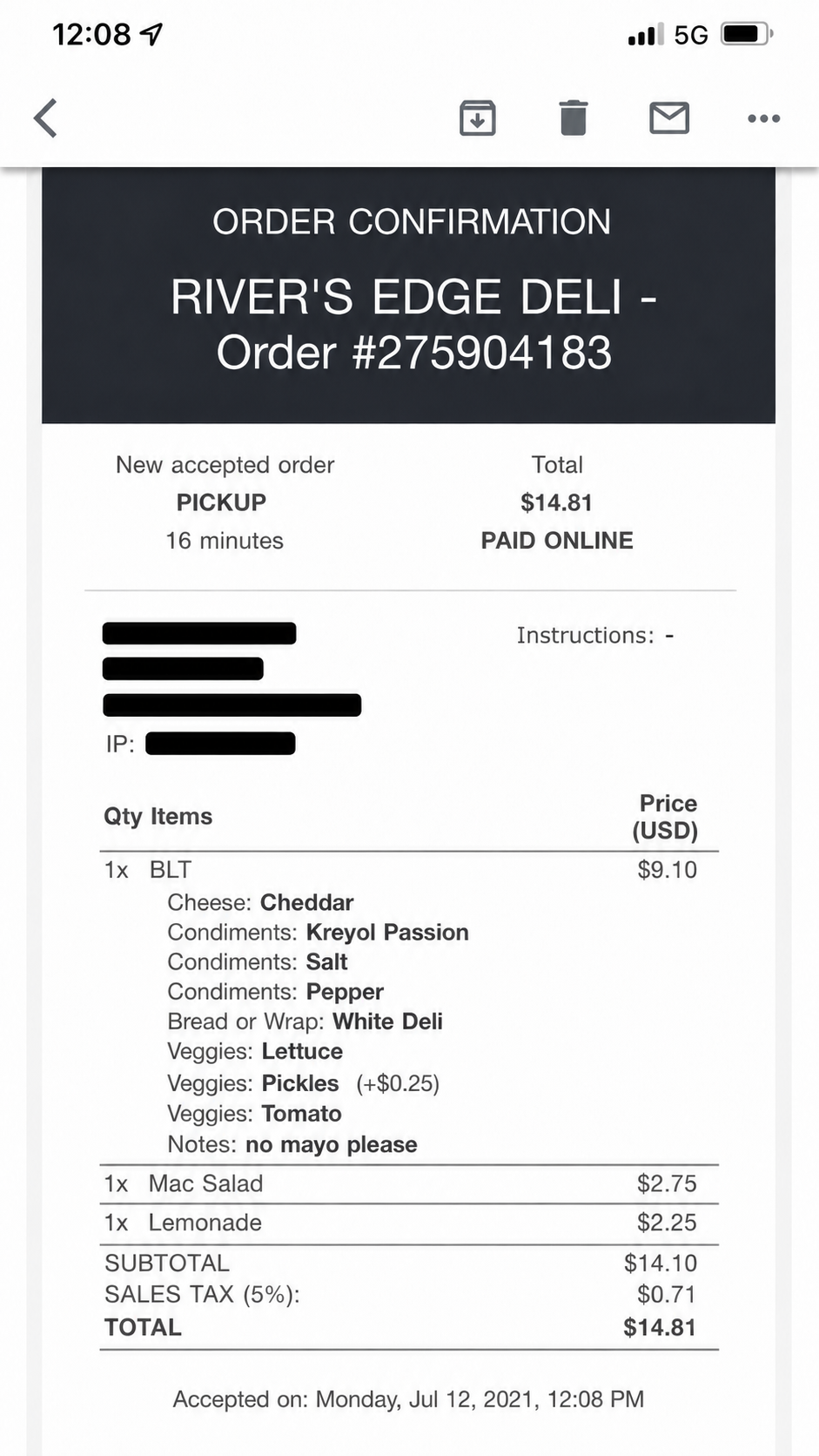Rivers Edge Deli order confirmation