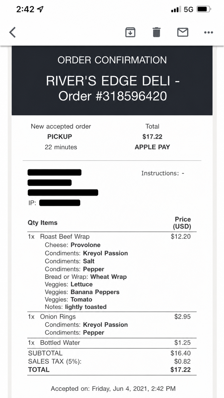 Rivers Edge Deli order confirmation