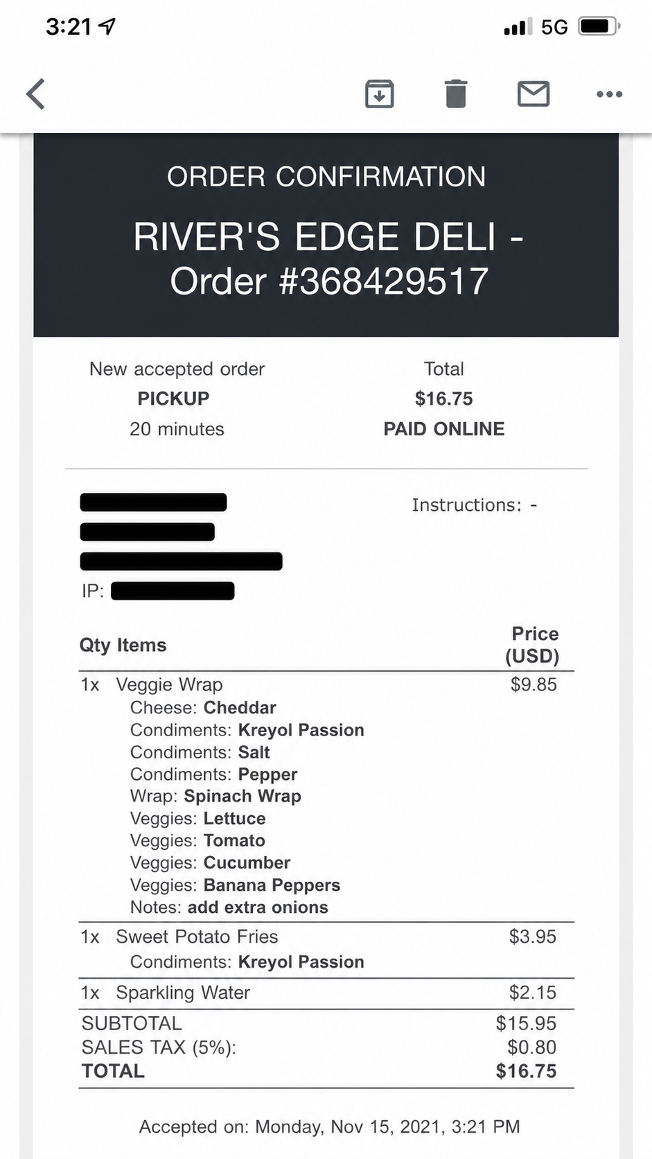 Rivers Edge Deli order confirmation