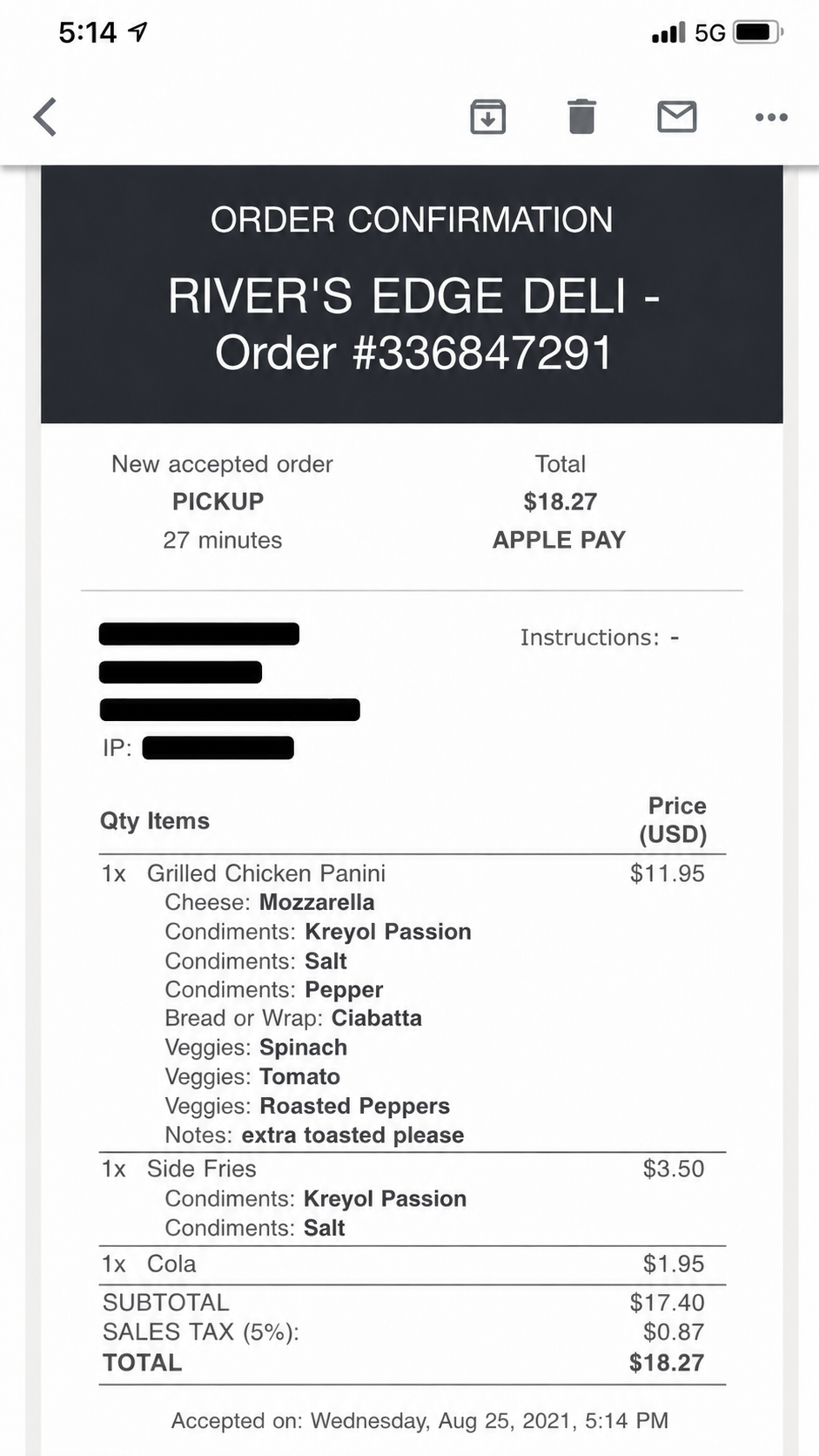 Rivers Edge Deli order confirmation
