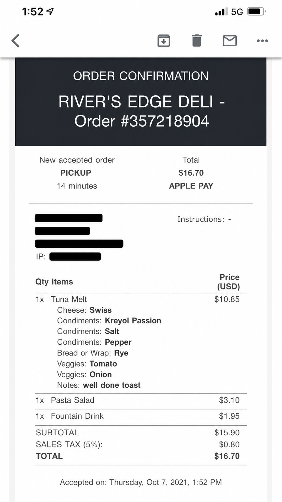 Rivers Edge Deli order confirmation