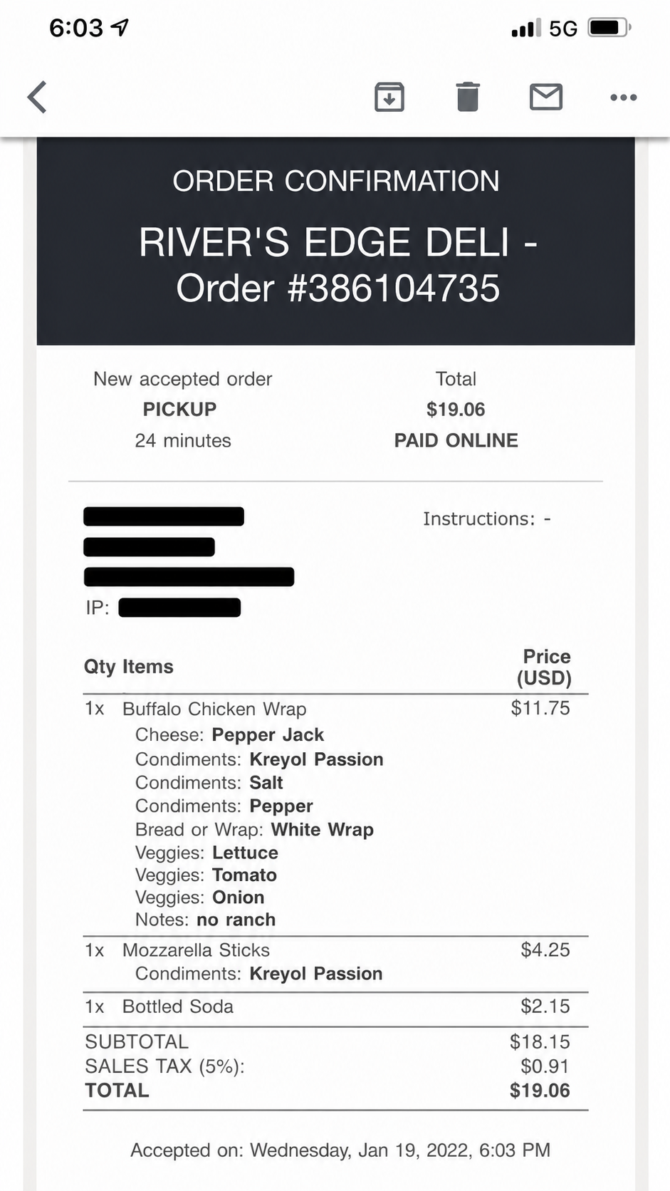 Rivers Edge Deli order confirmation