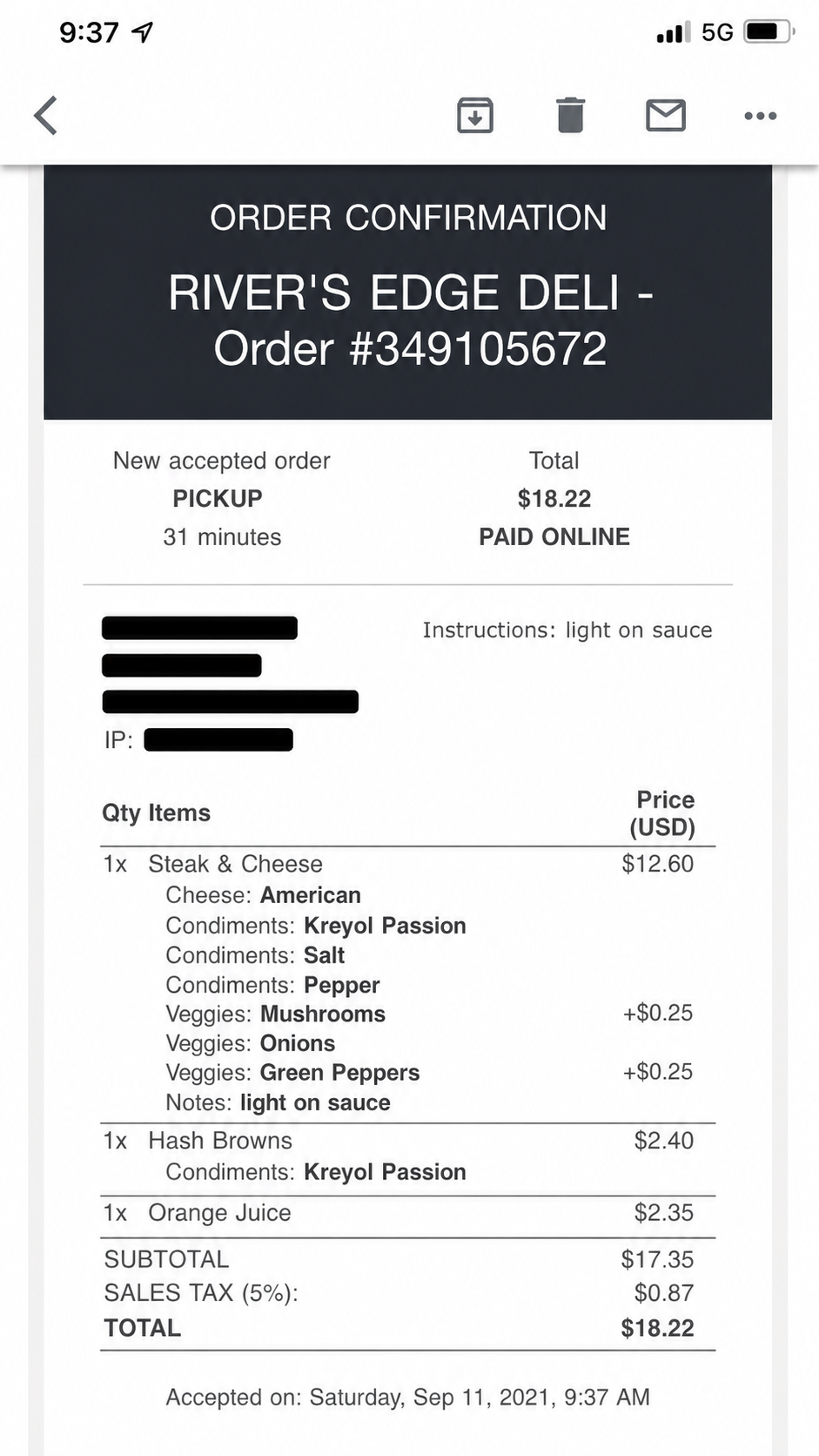 Rivers Edge Deli order confirmation