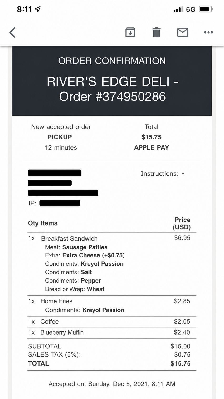 Rivers Edge Deli order confirmation