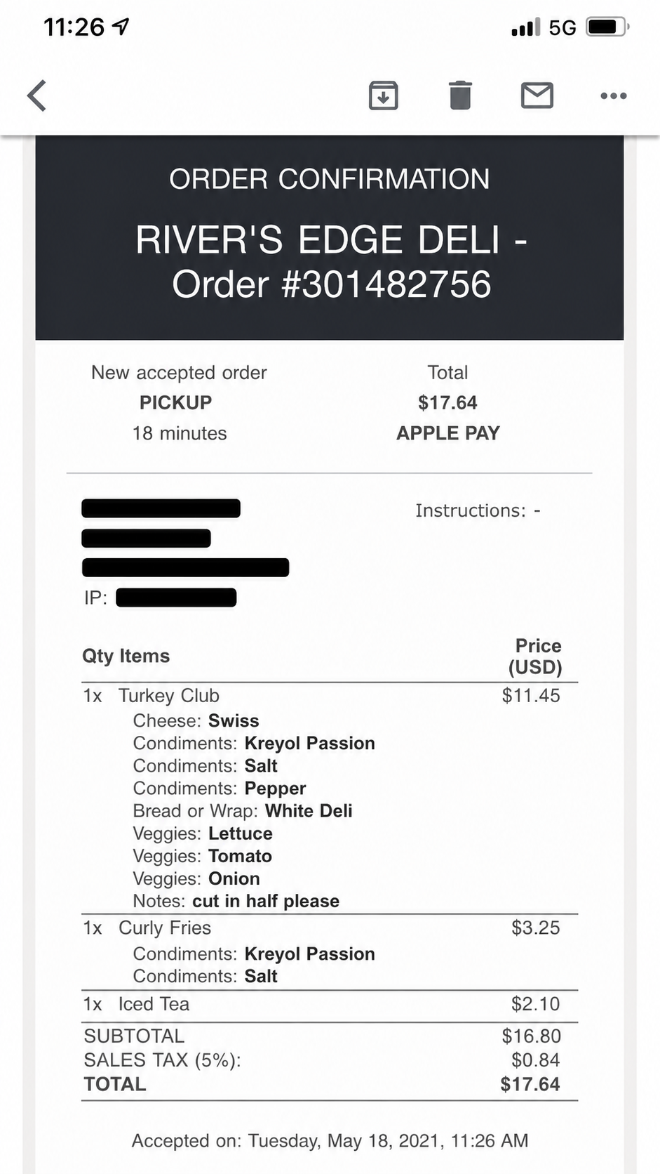 Rivers Edge Deli order confirmation