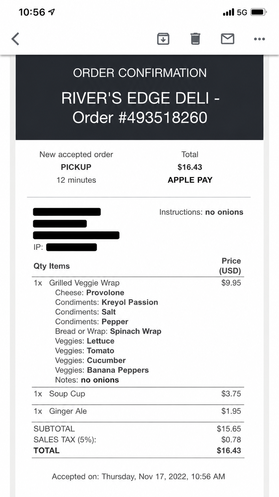 Rivers Edge Deli order confirmation