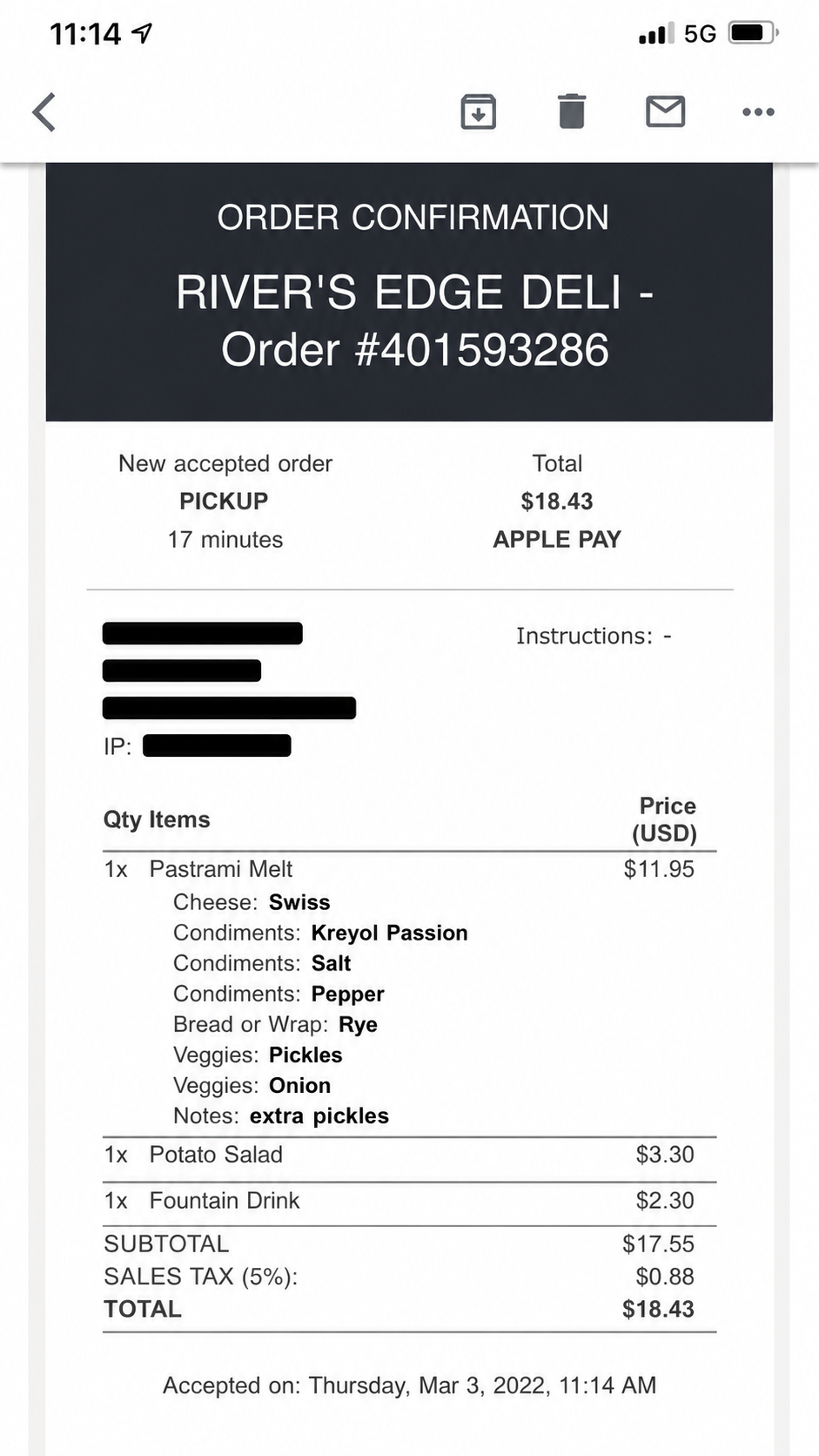 Rivers Edge Deli order confirmation