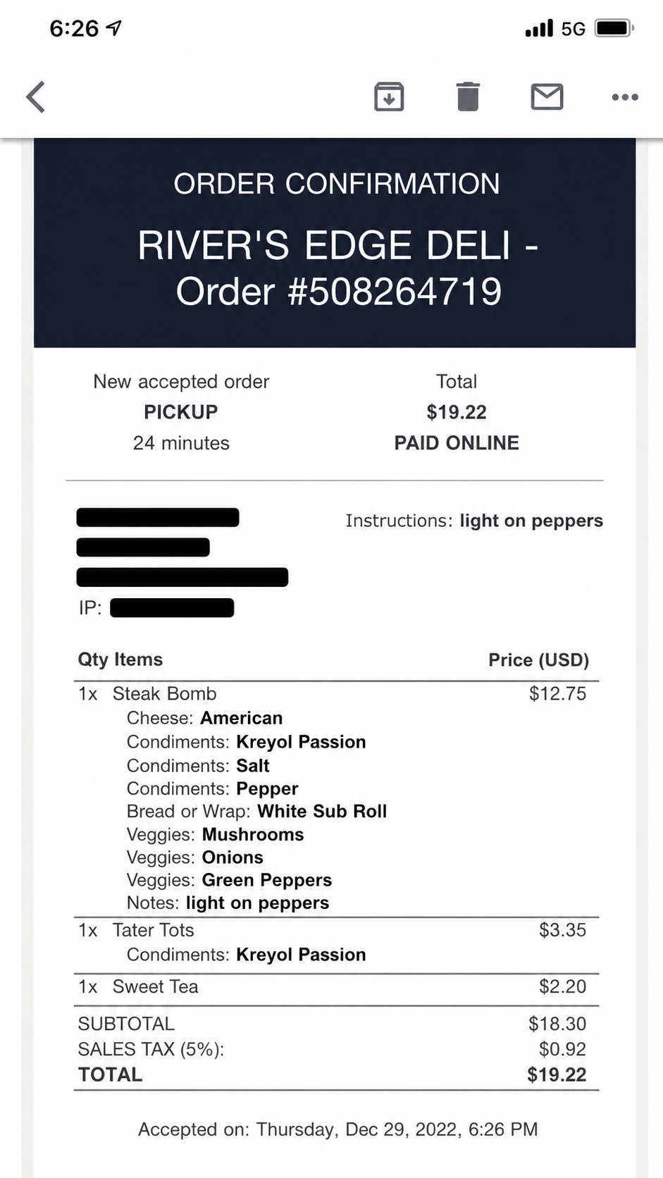 Rivers Edge Deli order confirmation