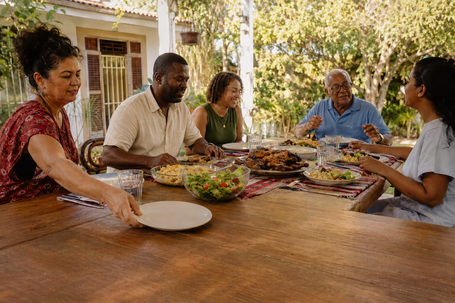 Family and friends sharing an outdoor meal as another plate is added to the table