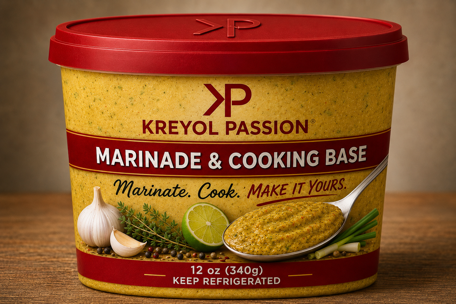 Kreyol Passion KP Marinade and Cooking Base in its red-lidded refrigerated 12-ounce tub