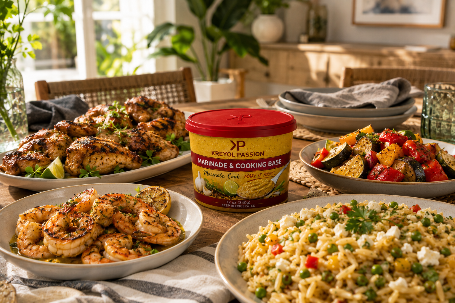 KP Marinade and Cooking Base surrounded by grilled chicken, shrimp, roasted vegetables, and rice