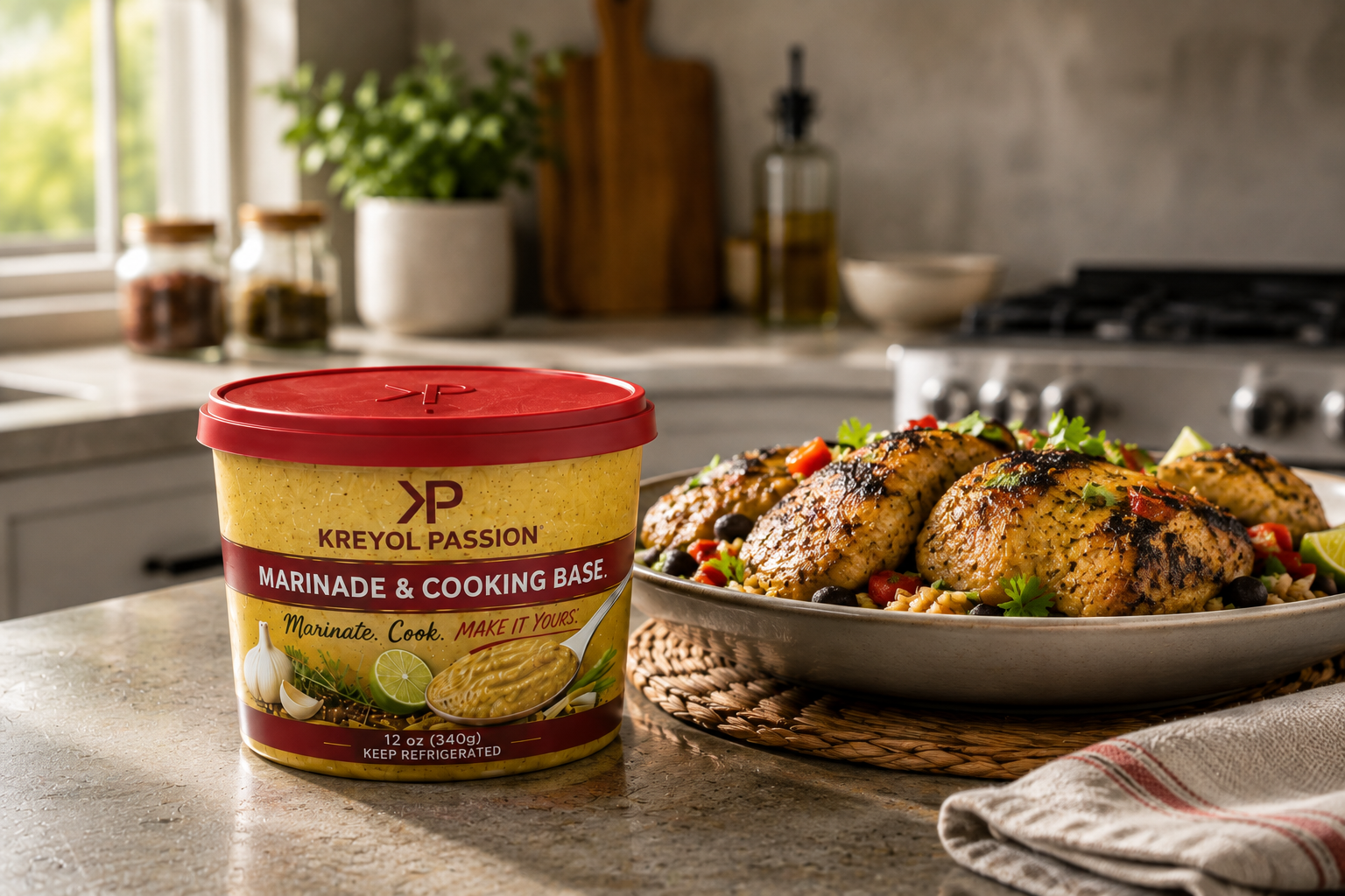 KP Marinade beside a prepared chicken and rice meal