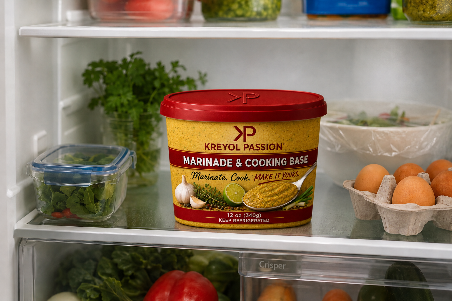 KP Marinade and Cooking Base stored on a refrigerator shelf beside fresh ingredients