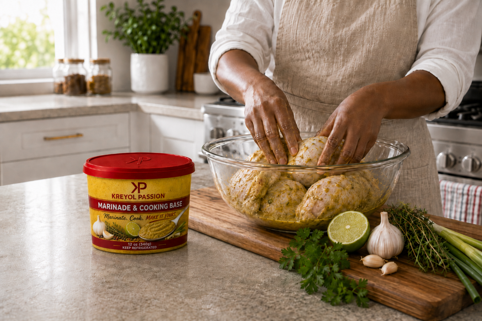 Home cook coating chicken with KP Marinade and Cooking Base before cooking