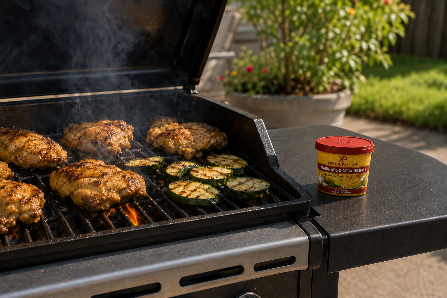 Marinated chicken and zucchini grilling outdoors with KP Marinade on the grill side shelf