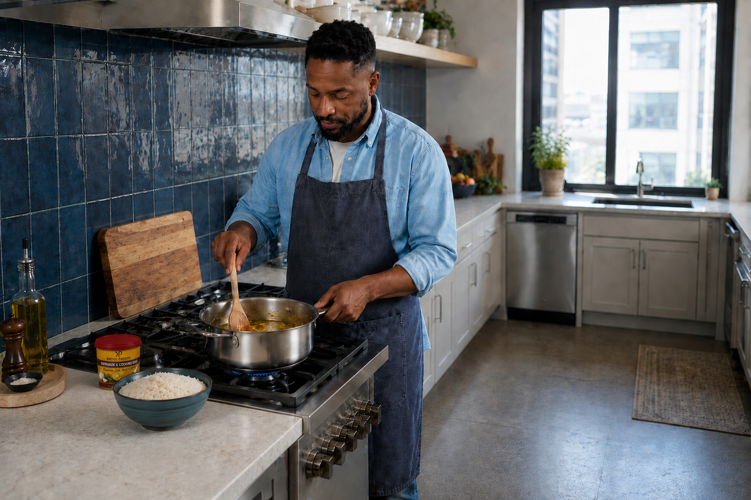 Home cook stirring KP Marinade into cooking liquid with uncooked rice and the product nearby