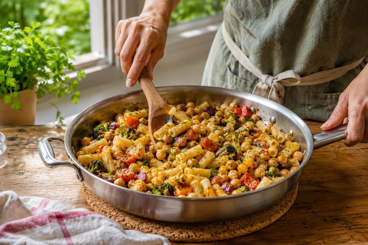 Home cook folding seasoned flavor through a warm pasta, chickpea, and vegetable dish